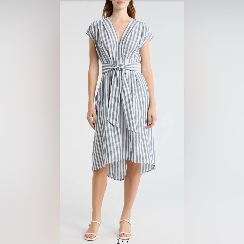 NWOT Max Studio Tie Front Cotton Blend Navy/White Train Striped Midi Dress